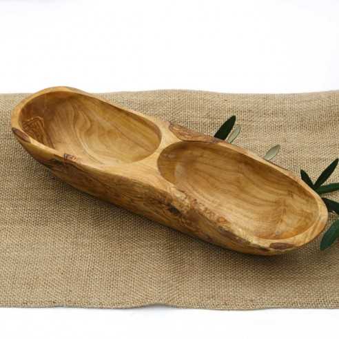 Plat apéritif en bois d'olivier avec 2 compartiments